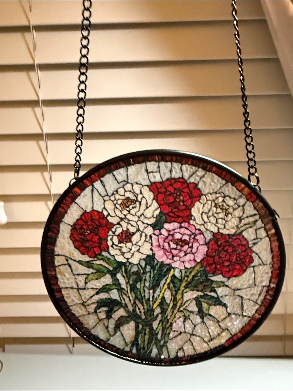 Floral Stained Glass Hanging Art - Red, Pink, White Carnations Bouquet